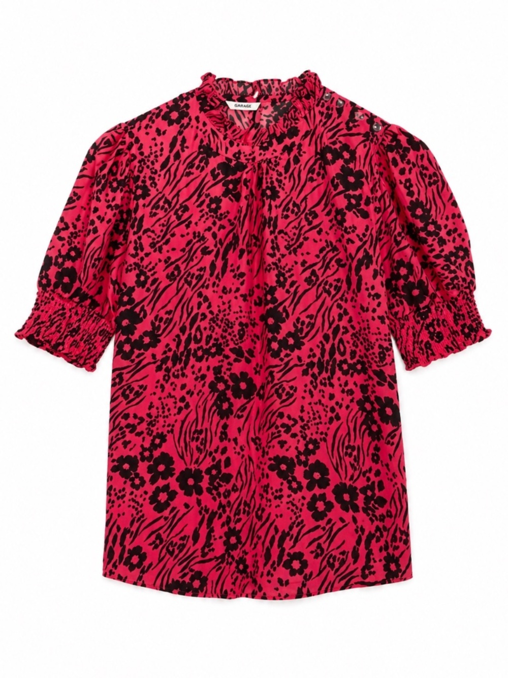 4/$20➡️ Marks & Spencer Pink & Black Floral Blouse Ruffle Smocked Trim – Size 16